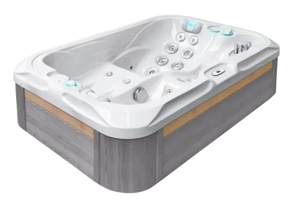 PassionSpa Indulgence -poreallas – valkoinen sisäpinta, harmaa puinen jalusta, vaaleansininen LED-valaistus PassionSpa Indulgence -poreallas – valkoinen sisäpinta, harmaa puinen jalusta, vaaleansininen LED-valaistus